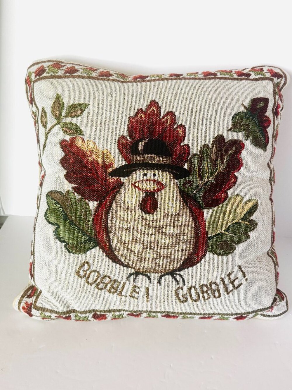 Turkey Gobble Gobble Woven Tapestry Throw Pillow 16x16" Thanksgiving Autumn Deco
